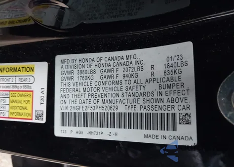 2023 Honda Civic Sport from USA, damaged, VIN 2HGFE2F53PH520629